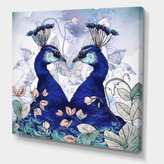 Designart - Two Blue Peacocks With Wildflowers